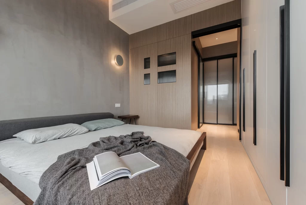 Modern Bedroom Neutral Tones Wood Accents Open Space