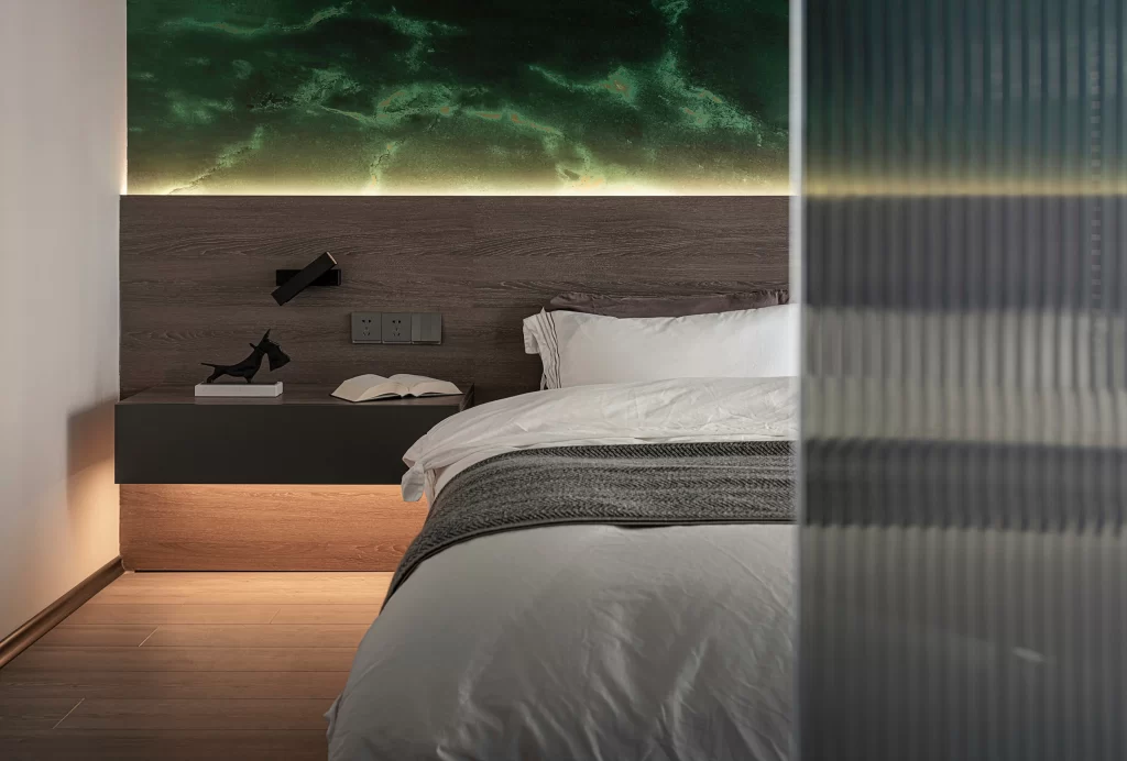 Modern Bedroom Neutral Tones Wood Accents Soft Lighting