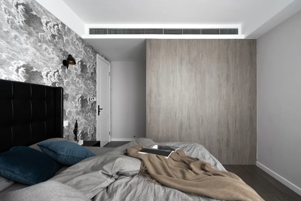 Modern Bedroom Neutral Tones Wood Paneling Black Accents