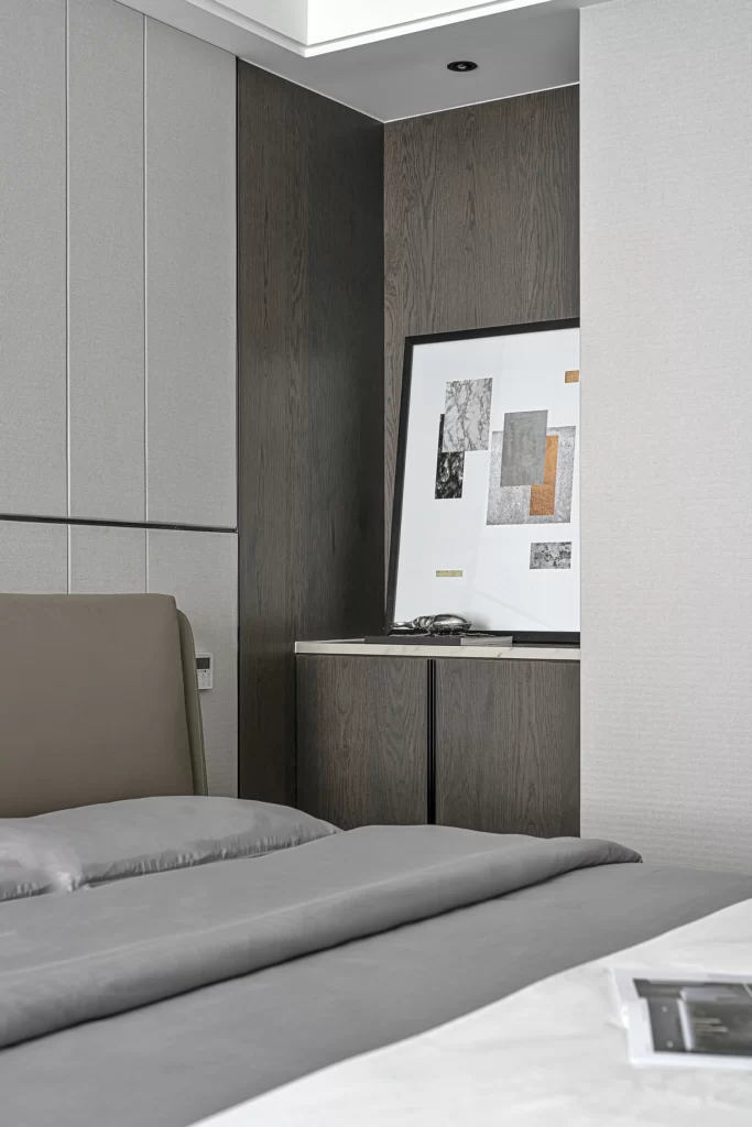 Modern Bedroom Neutral Tones Wood Paneling Minimalist