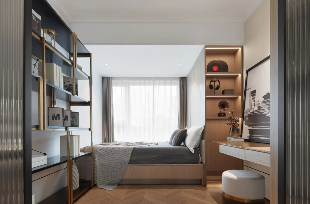 Modern Bedroom Neutral Tones Wooden Accents Abstract Art Large Windows