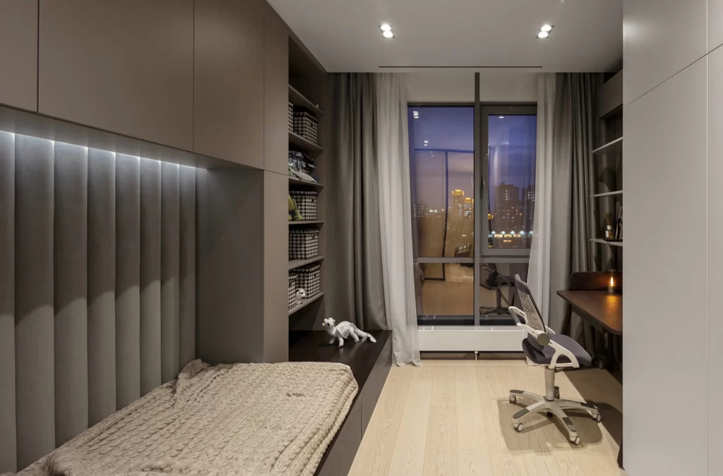 Modern Bedroom Neutral Tones Wooden Floor Built-in Storage Large Window