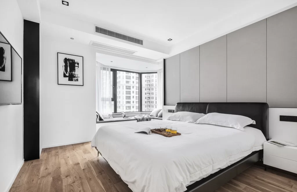 Modern Bedroom Neutral White Black Wood Floor