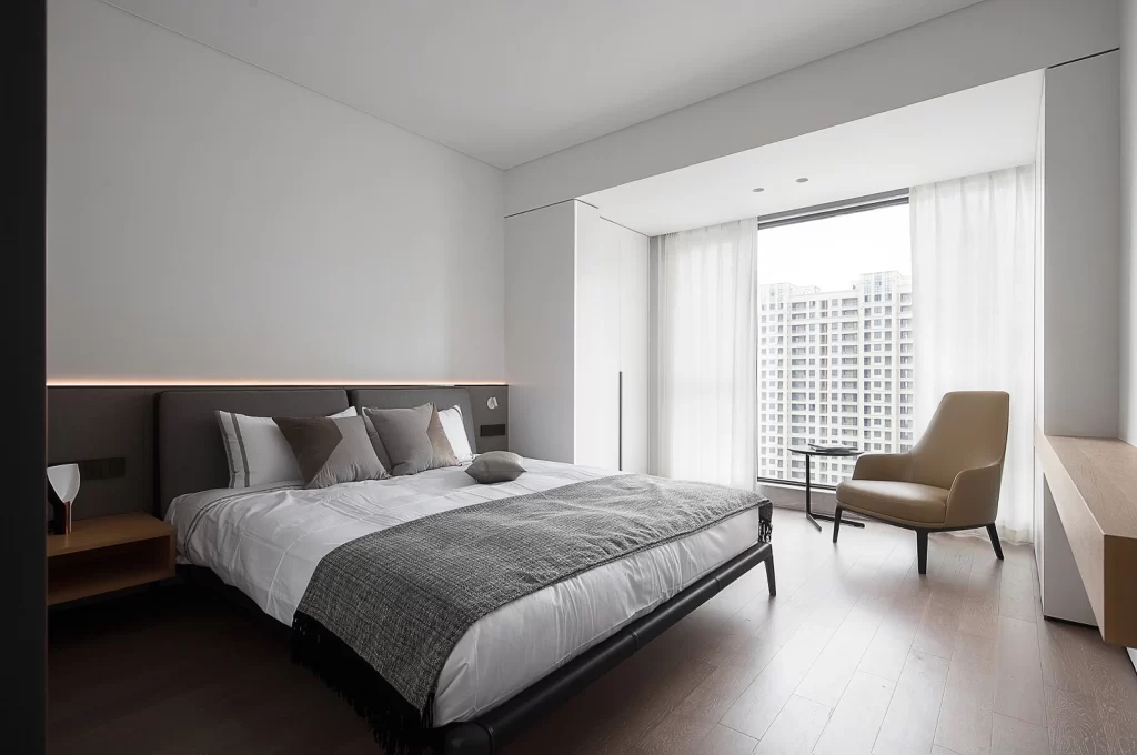 Modern Bedroom Neutral White Gray Wood Floor