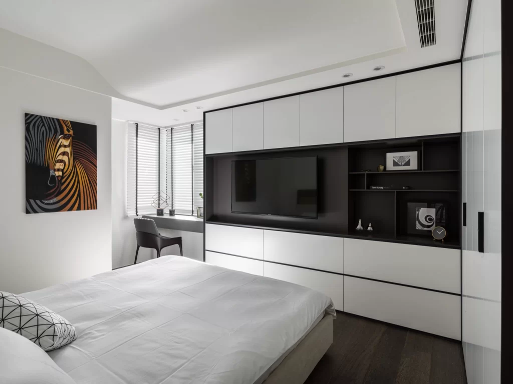 Modern Bedroom White Black Neutral Dark Wood