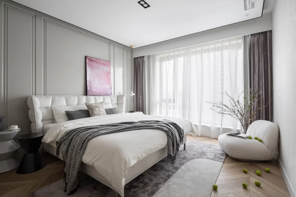 Modern Bedroom White Grey Soft Textures Natural Light