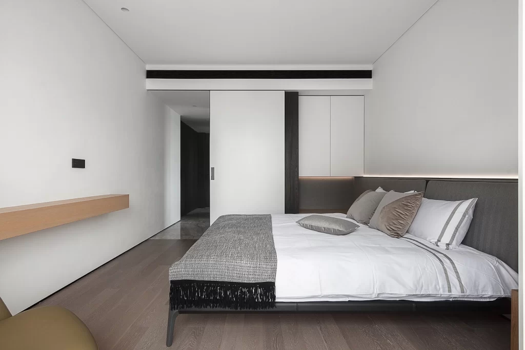 Modern Bedroom White Neutral Dark Wood