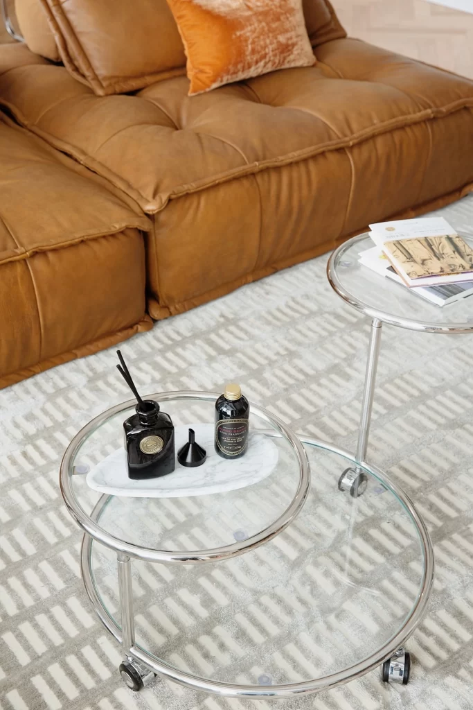Modern Comfortable Living Room Brown Neutral Leather Glass