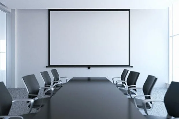 Modern Conference Room Black Chairs Projection Screen Minimalist