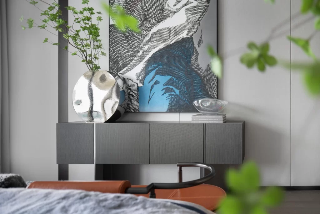 Modern Contemporary Bedroom Neutral Gray Blue Accents