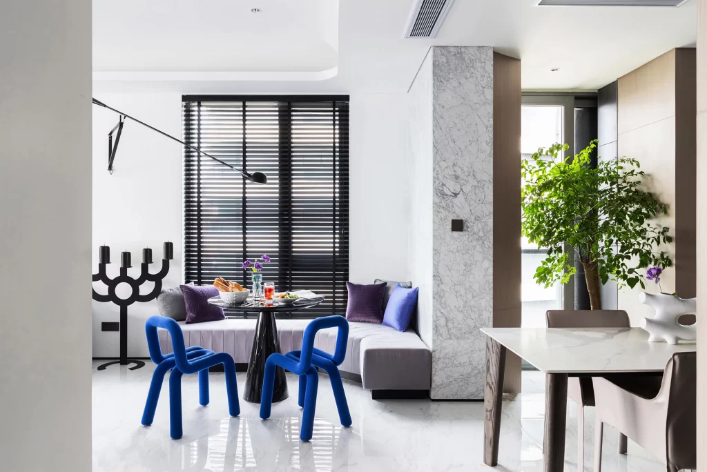 Modern Contemporary Dining Room White Blue Purple Neutral