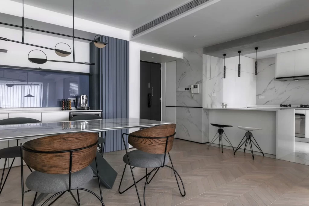 Modern Contemporary Dining Room White Gray Neutral Wood