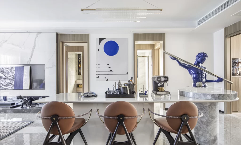 Modern Contemporary Dining Room White Neutral Blue Accents