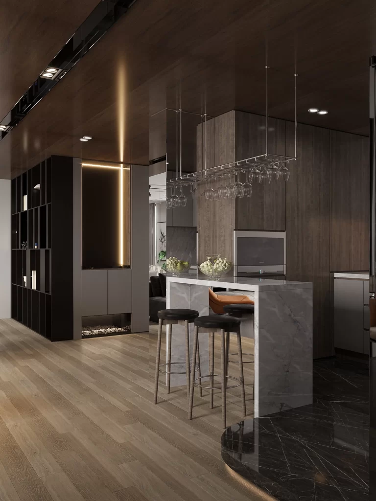 Modern Contemporary Kitchen Dark Wood Neutral Tones Marble