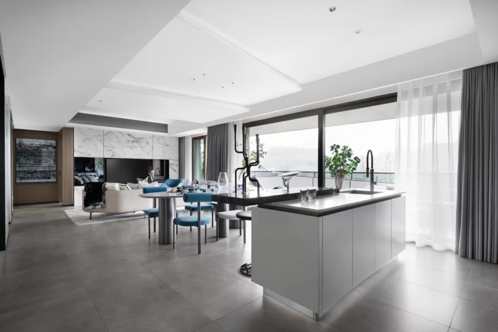 Modern Contemporary Kitchen Living Space White Grey Neutral Tiled Floor