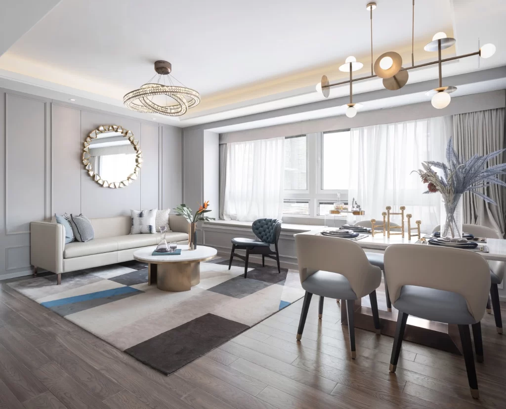 Modern Contemporary Living Dining Area Neutral Tones Light Wood Accents