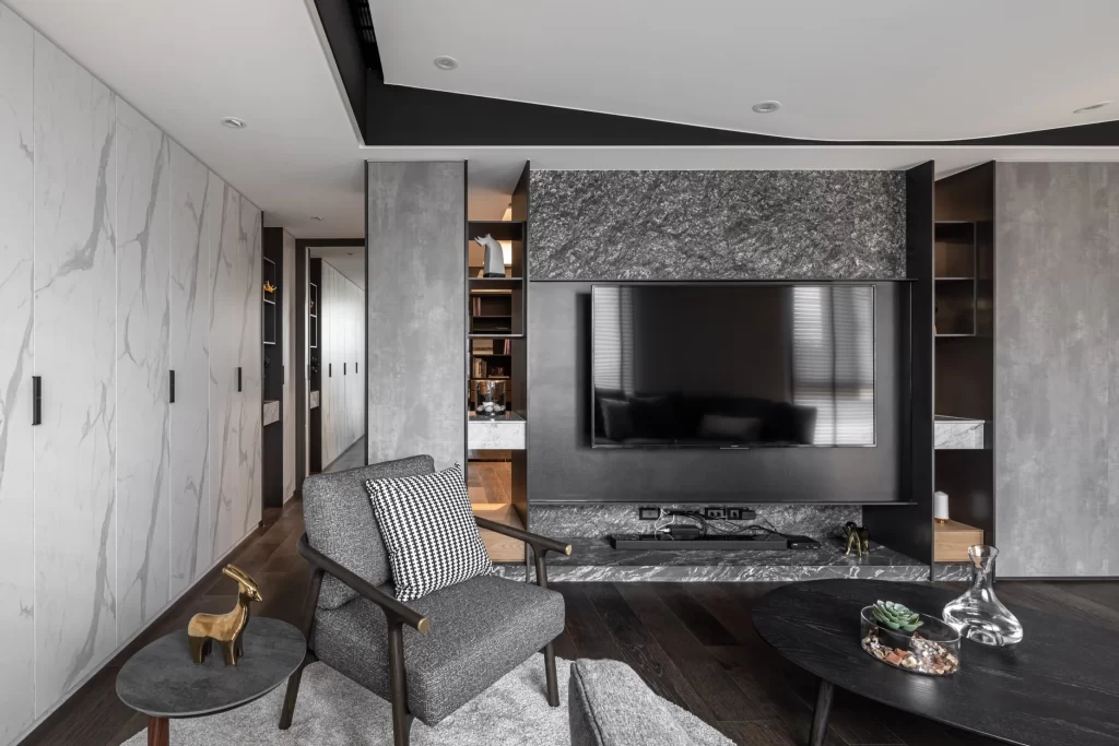 Modern Contemporary Living Room Black Gray Neutral Dark Wood