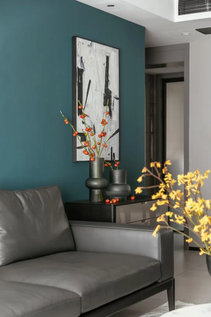 Modern Contemporary Living Room Teal Gray Black White