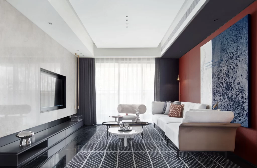 Modern Contemporary Living Room White Black Red Patterned Rug