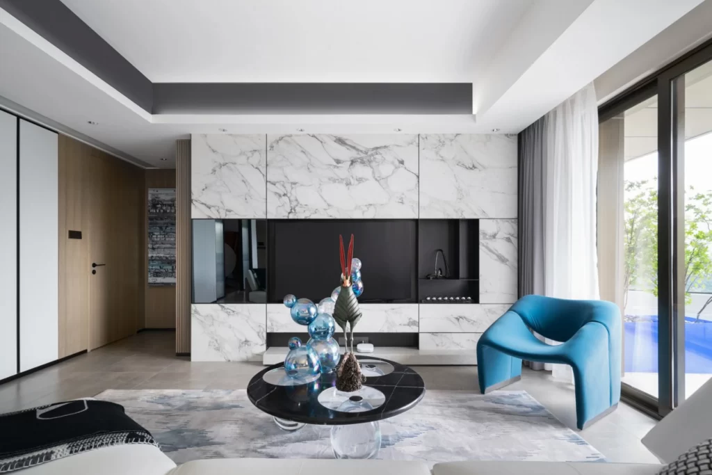 Modern Contemporary Living Room White Marble Blue Accents Glass
