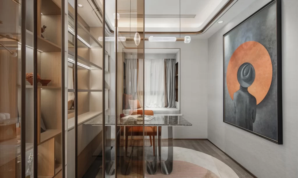 Modern Contemporary Study Neutral Tones Glass Shelving Artistic