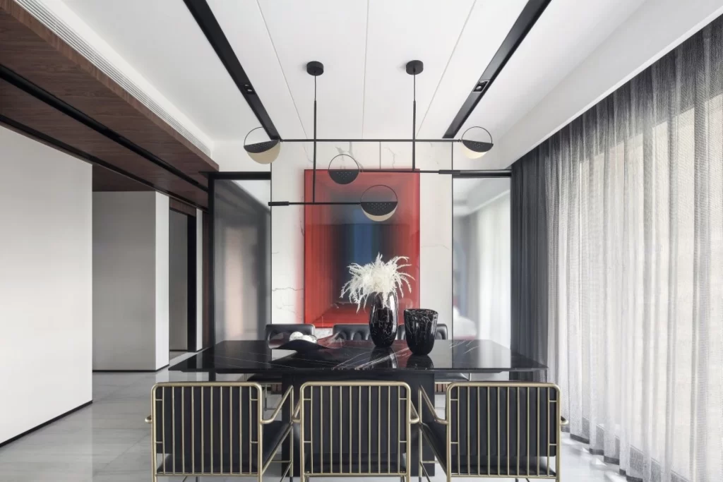 Modern Dining Room Black Gold Neutral Red Accents