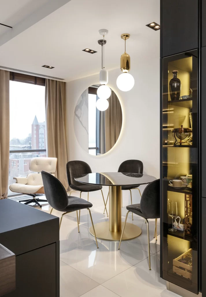 Modern Dining Room Black Gold White Neutral Glass