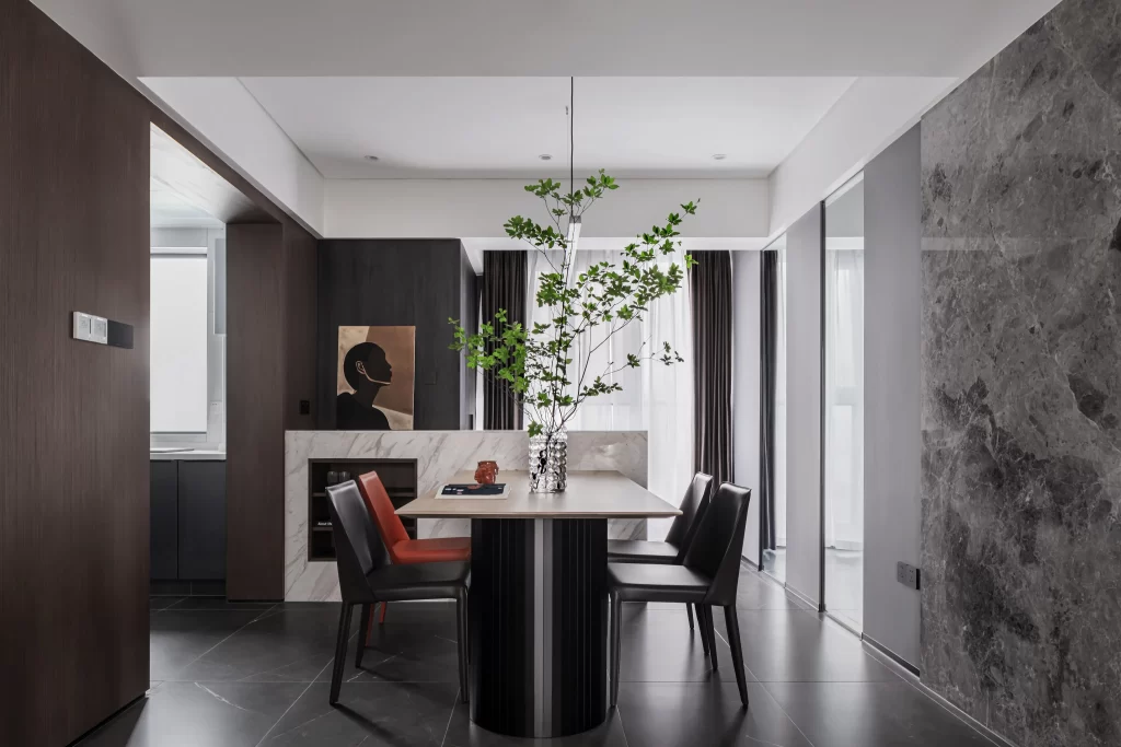 Modern Dining Room Black White Neutral Greenery