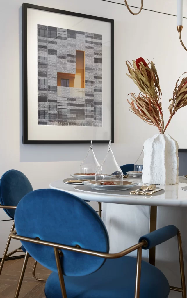 Modern Dining Room Blue Gold White Neutral Artistic