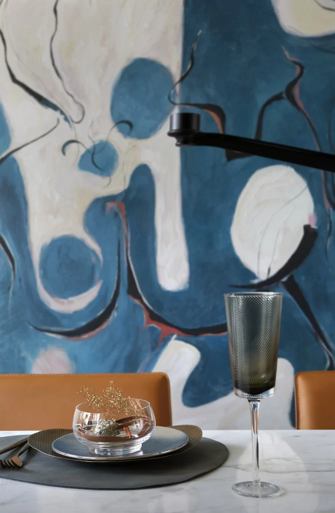 Modern Dining Room Blue White Abstract Art Brown Leather