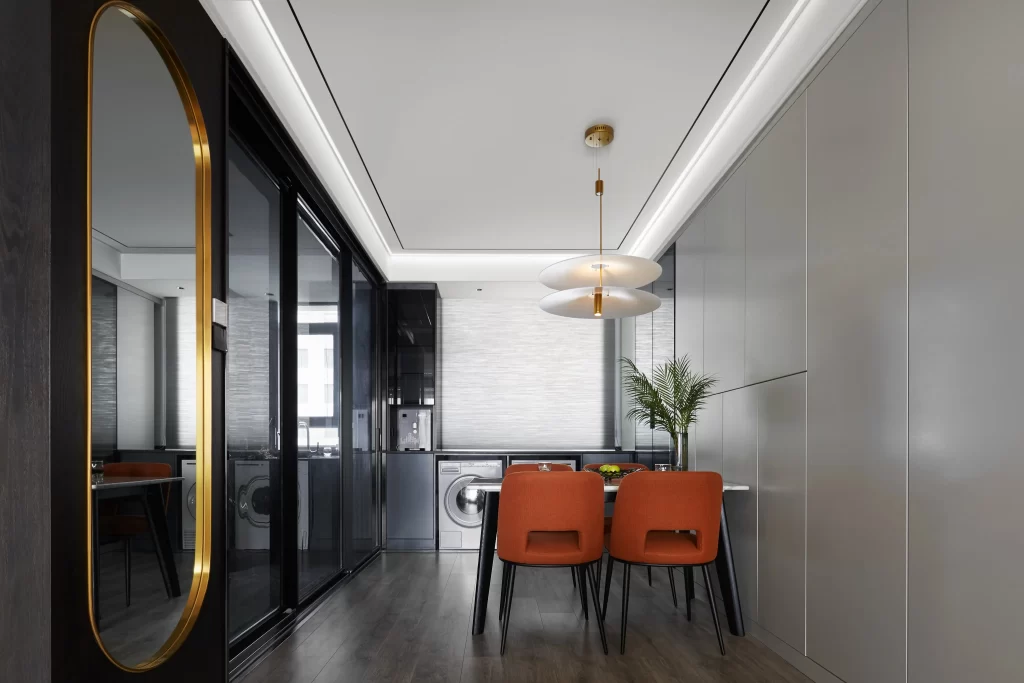 Modern Dining Room Neutral Black Orange Minimalist