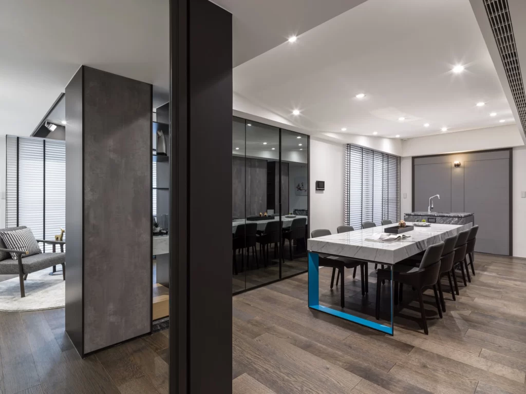 Modern Dining Room Neutral Dark Wood Blue Accents