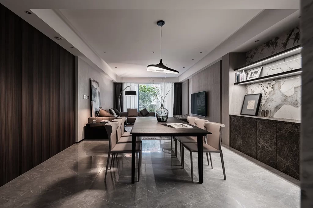 Modern Dining Room Neutral Dark Wood Marble Accents