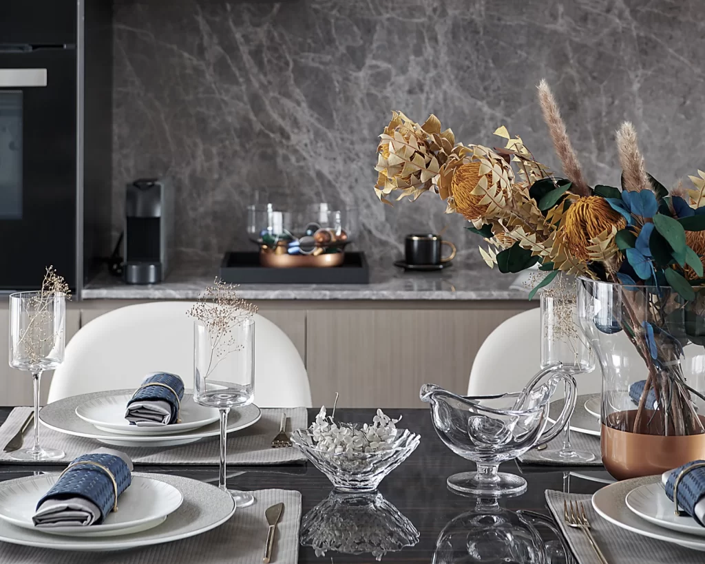 Modern Dining Room Neutral Grey White Gold Accents
