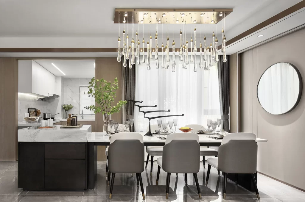 Modern Dining Room Neutral Tones Glass Chandelier Marble Island
