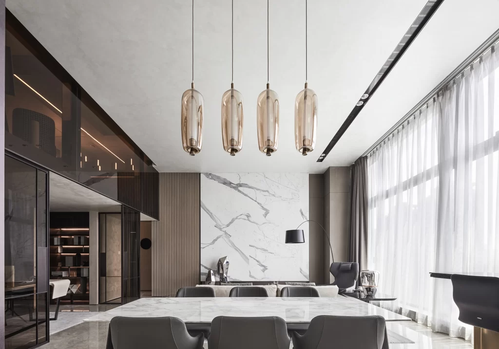 Modern Dining Room Neutral Tones Marble Glass Accents