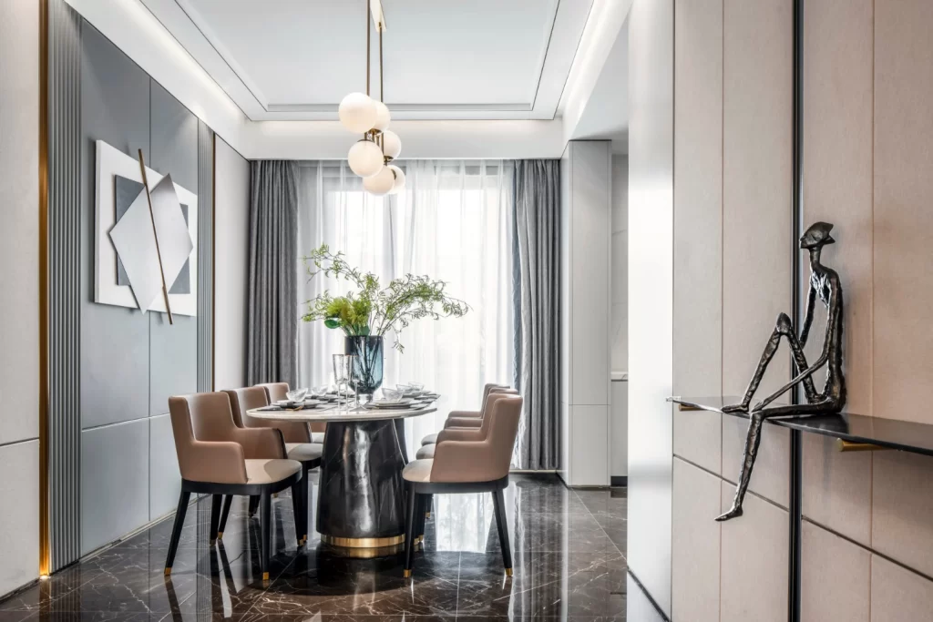 Modern Dining Room Neutral Tones Sleek Furniture Artistic Decor
