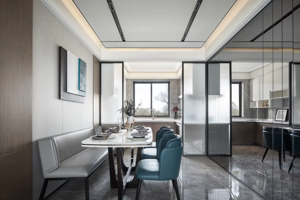 Modern Dining Room Neutral Tones Sleek Lines Glass Walls
