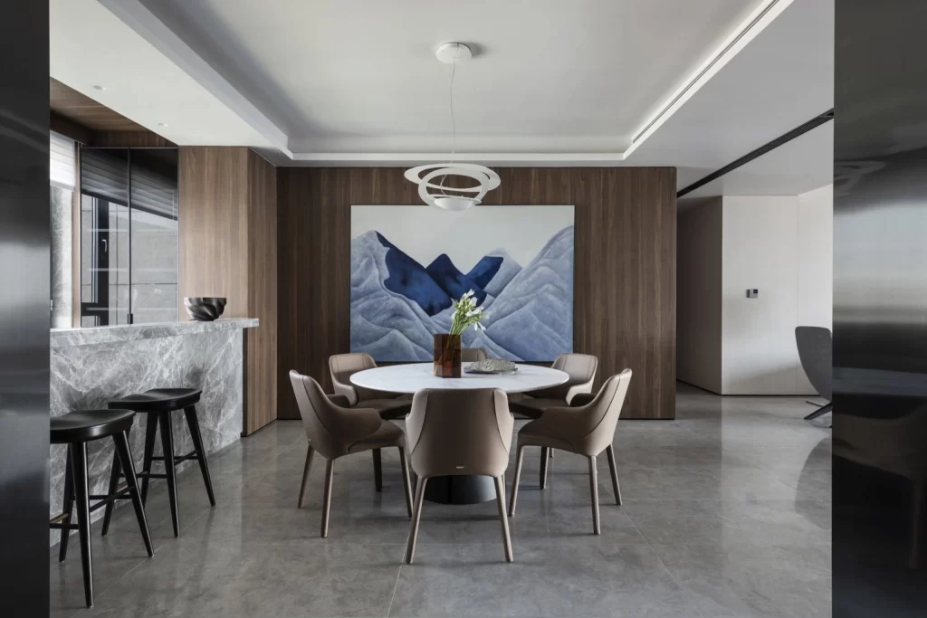 Modern Dining Room Taupe Neutral Dark Wood
