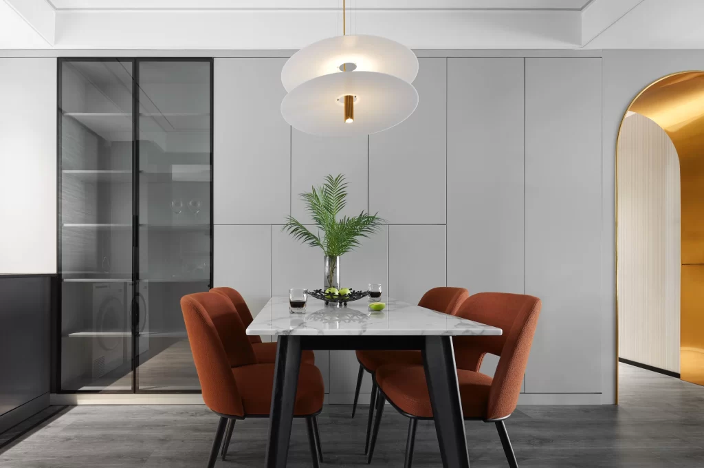 Modern Dining Room White Neutral Black Orange Minimalist