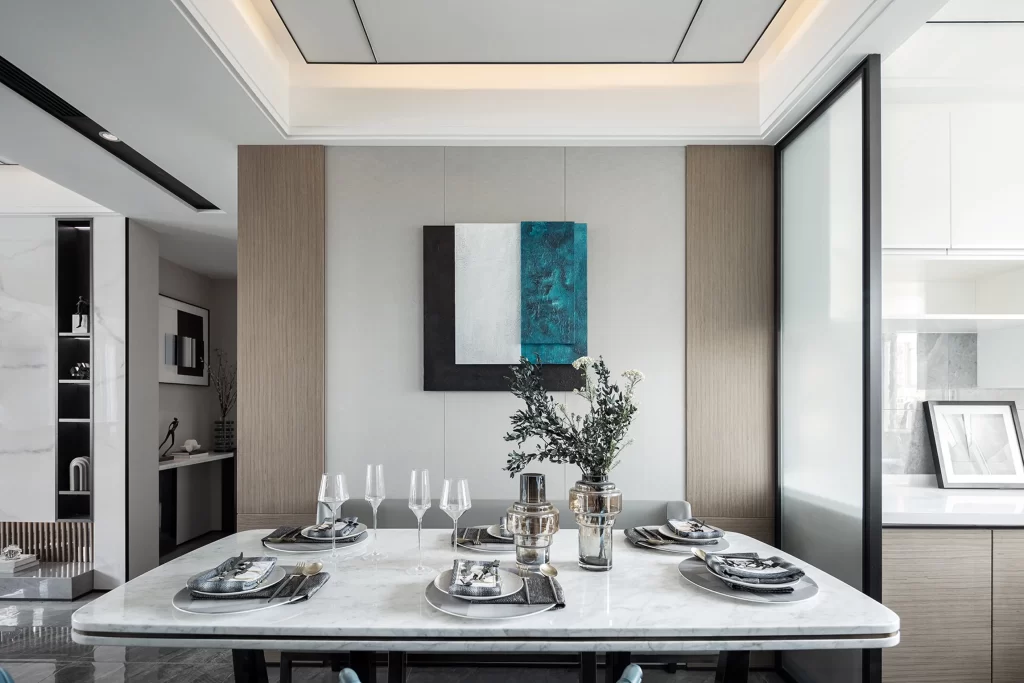 Modern Dining Room White Neutral Wood Accents Artistic Decor