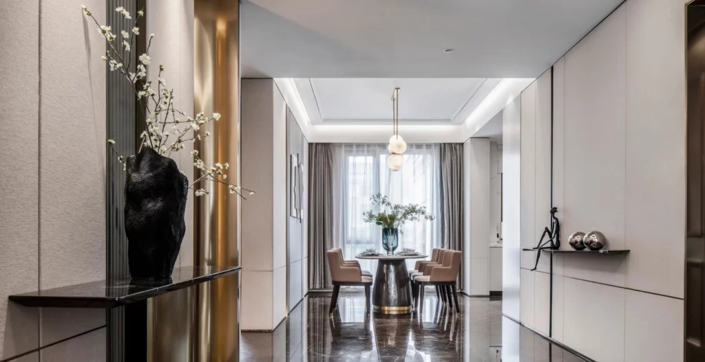 Modern Elegance Dining Room Neutral Tones Reflective Surfaces Minimalist Decor