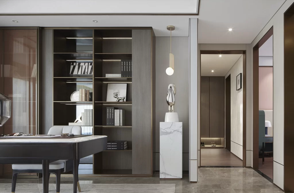 Modern Elegance Study Neutral Tones Dark Wood Accents