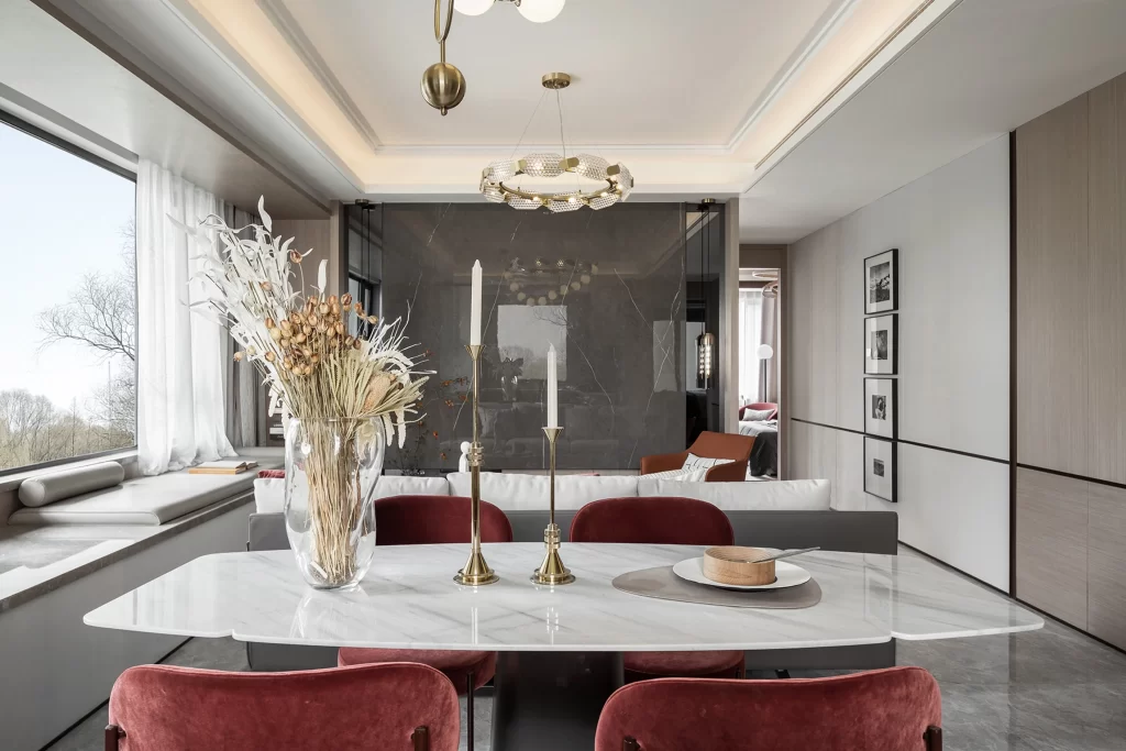 Modern Elegant Dining Room White Gold Red Neutral