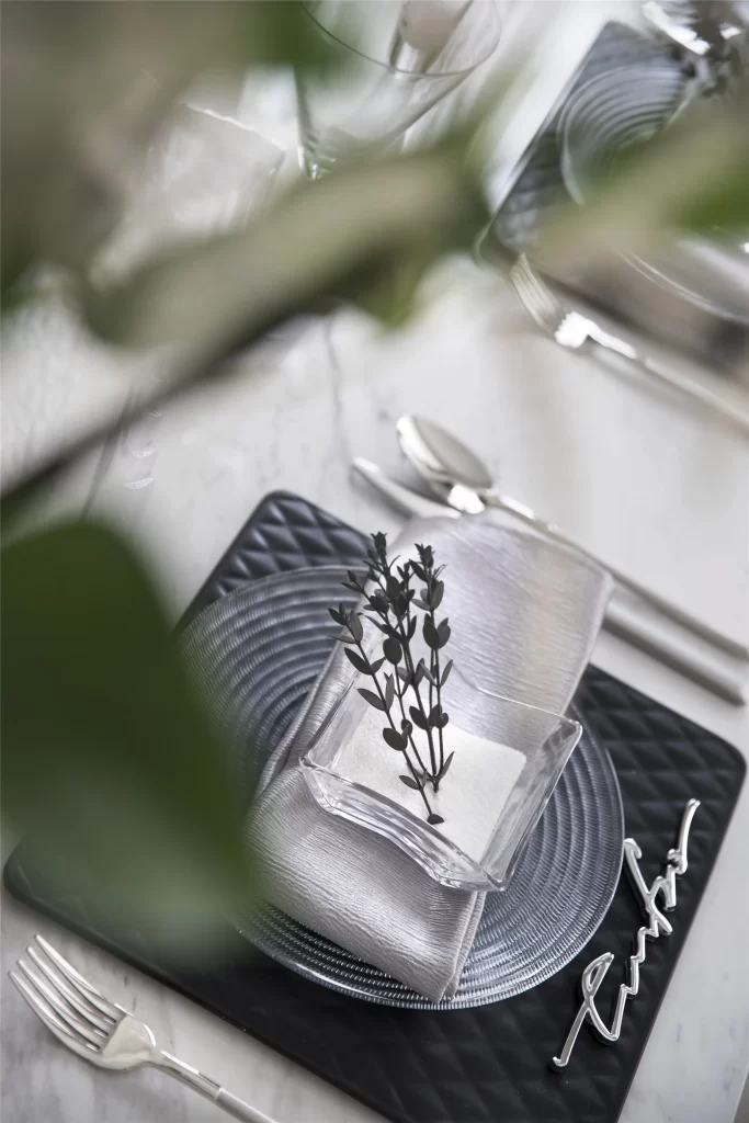 Modern Elegant Dining Table Black White Silver Greenery