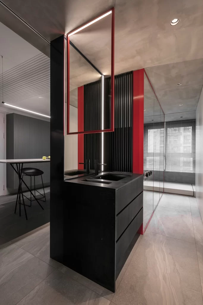 Modern Industrial Bathroom Black Red Neutral Light Wood