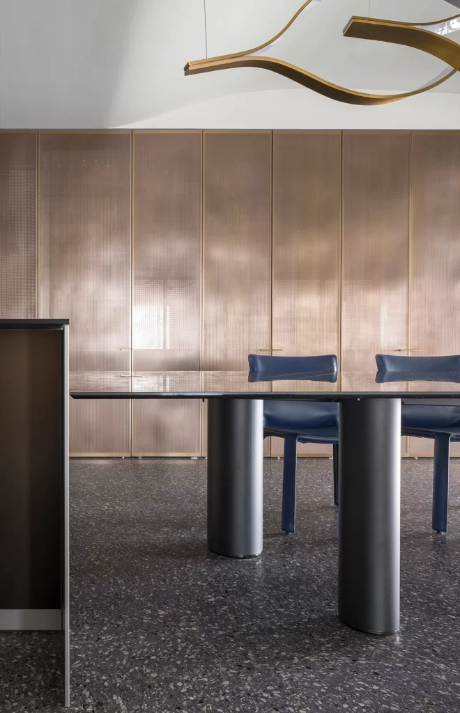 Modern Industrial Dining Room Bronze Blue Neutral Metallic