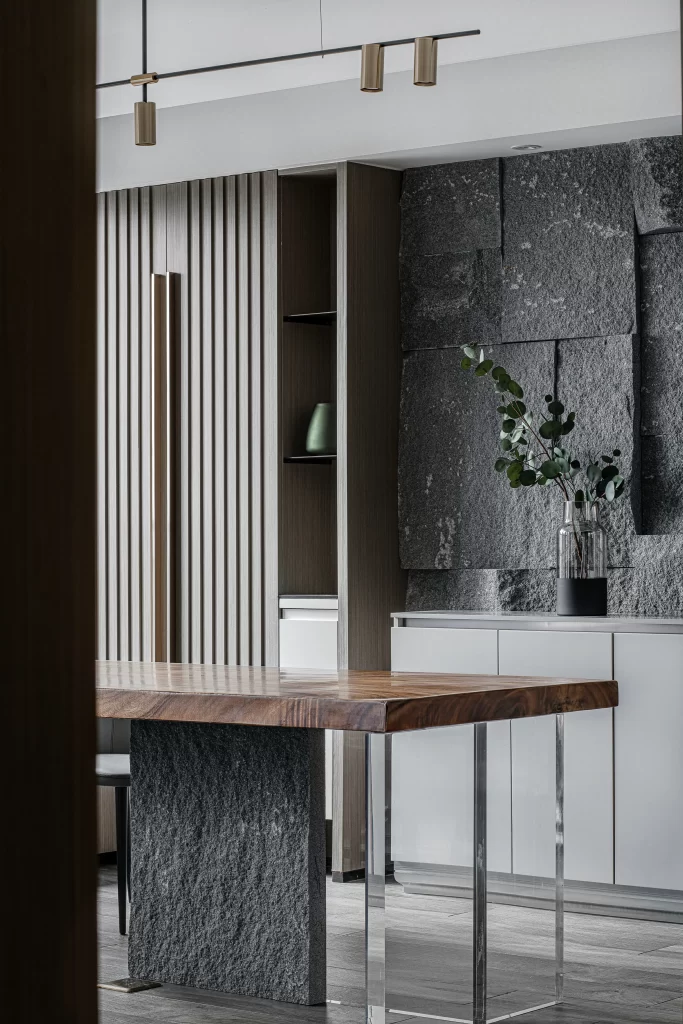 Modern Industrial Dining Room Dark Gray Neutral Stone Wood