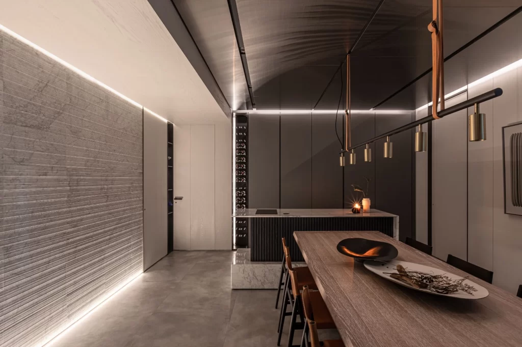 Modern Industrial Dining Room Neutral Dark Wood Black Accents