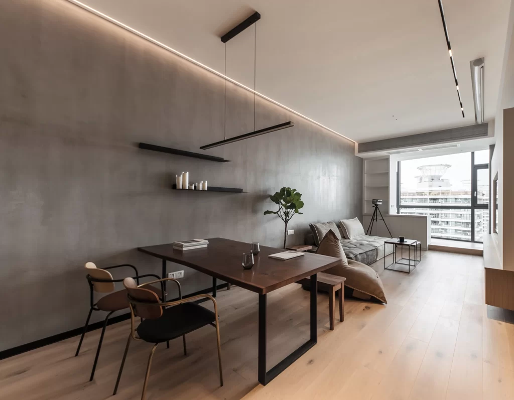 Modern Industrial Dining Room Neutral Gray Black Light Wood